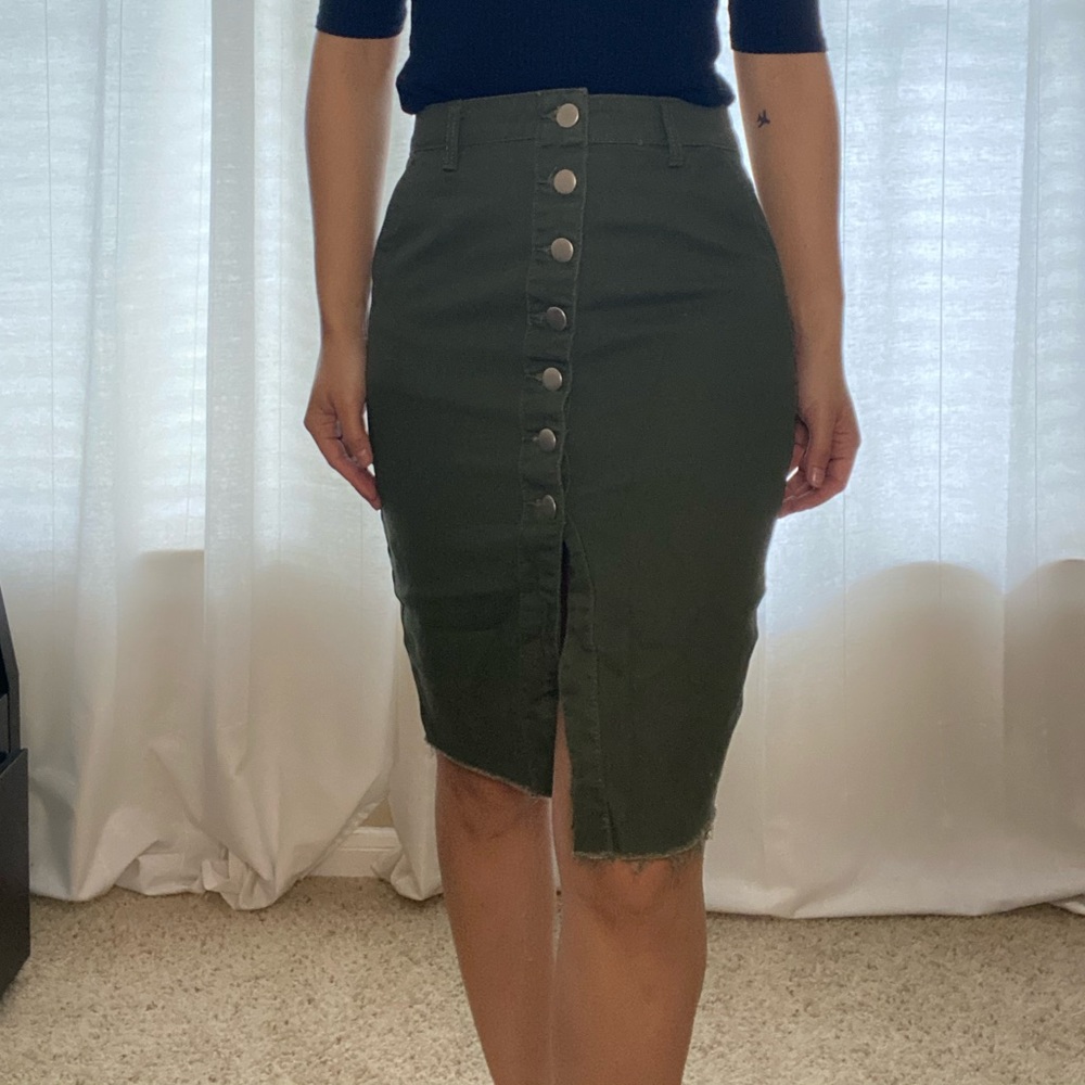 Olive Green Button Pencil Skirt